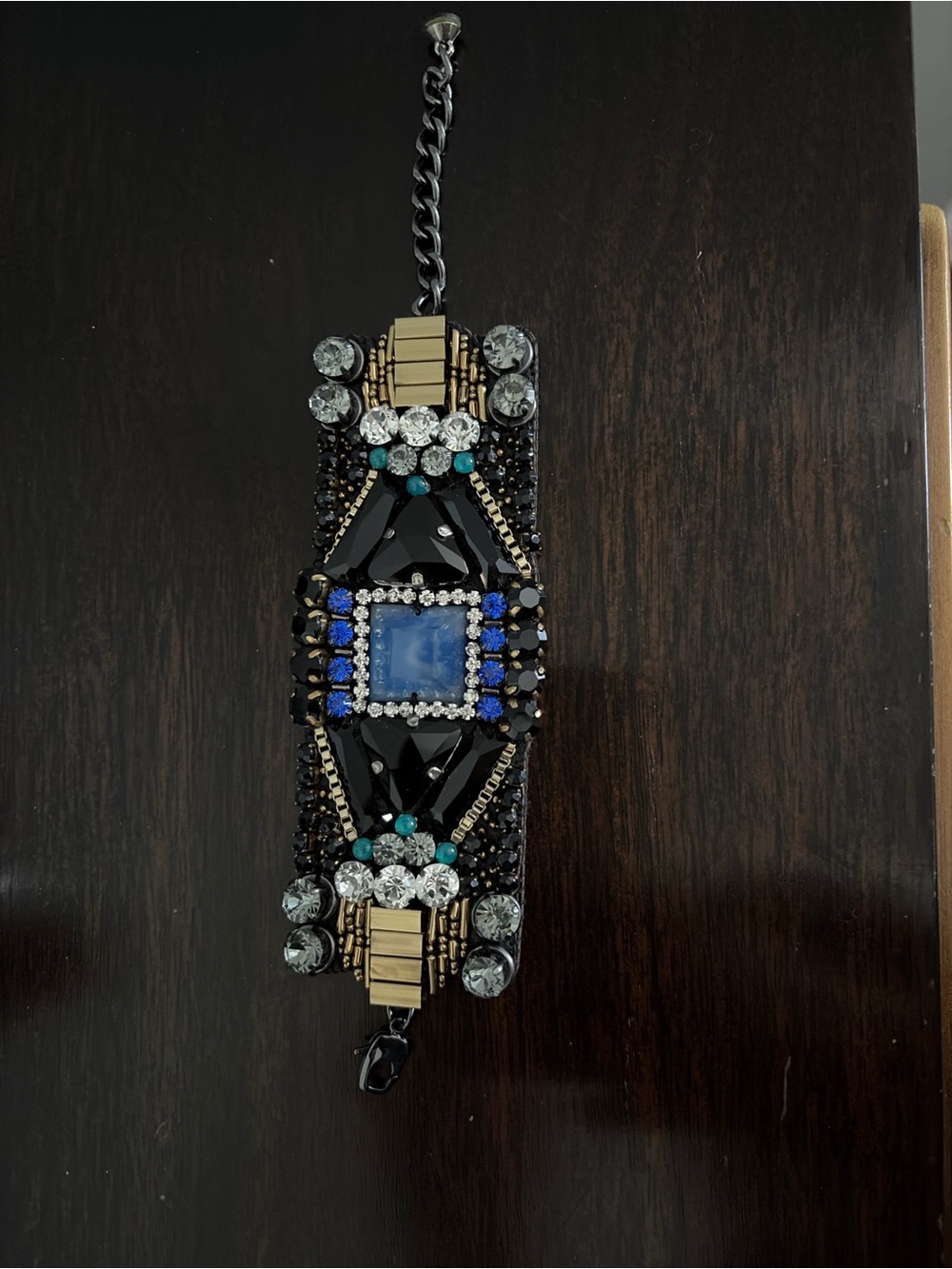 Beaded Black Bracelet with Blue and Gold Accents